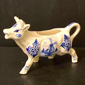 Vintage Hand Painted Delfts Blue Cow Creamer Holland Floral Windmill